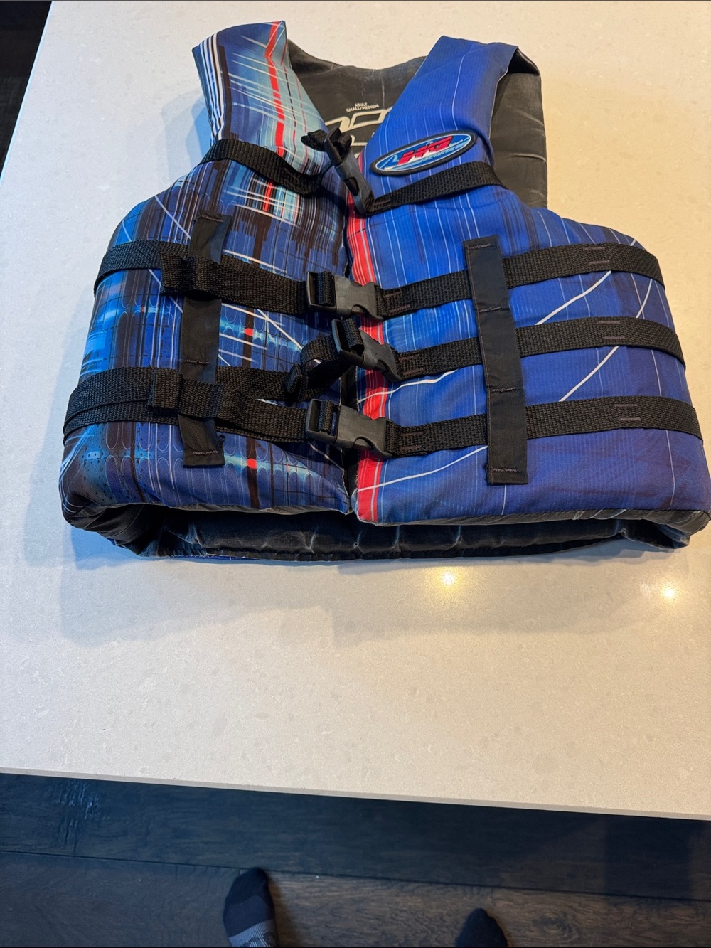 Men's Blue/Black Life Jacket Vest with Red Accent small- medium up to 90 lbs